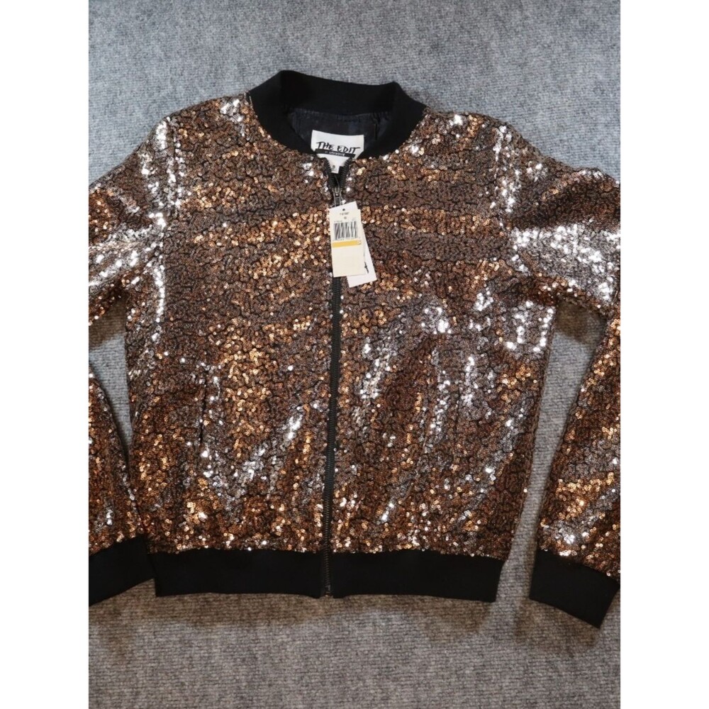 The Edit By Seventeen Bronze Sequin Bomber Jacket Womens Small NWT